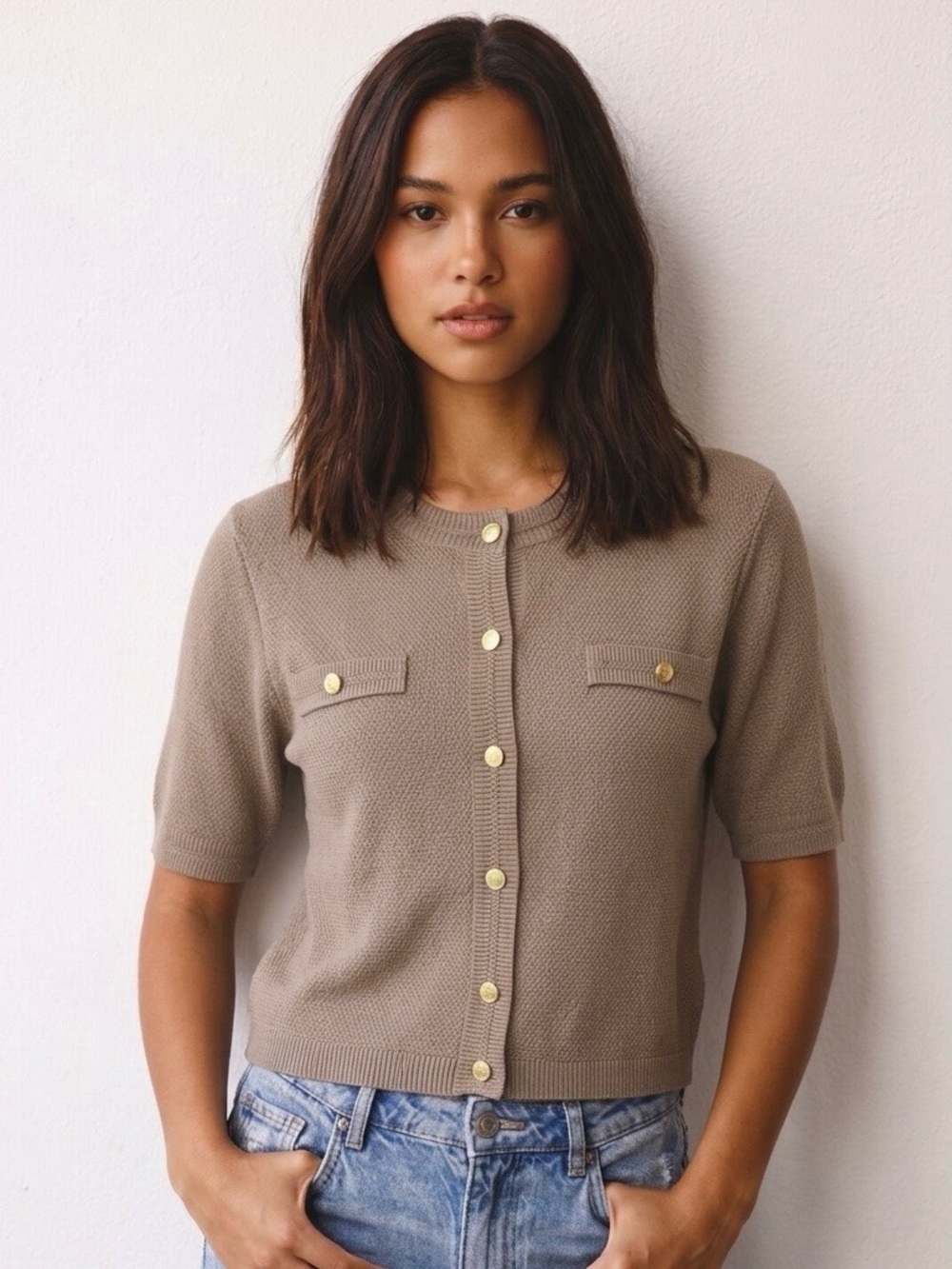 NWT PRETTYGARDEN Khaki Knit Short Sleeve Cardigan Gold Buttons Pocket Small